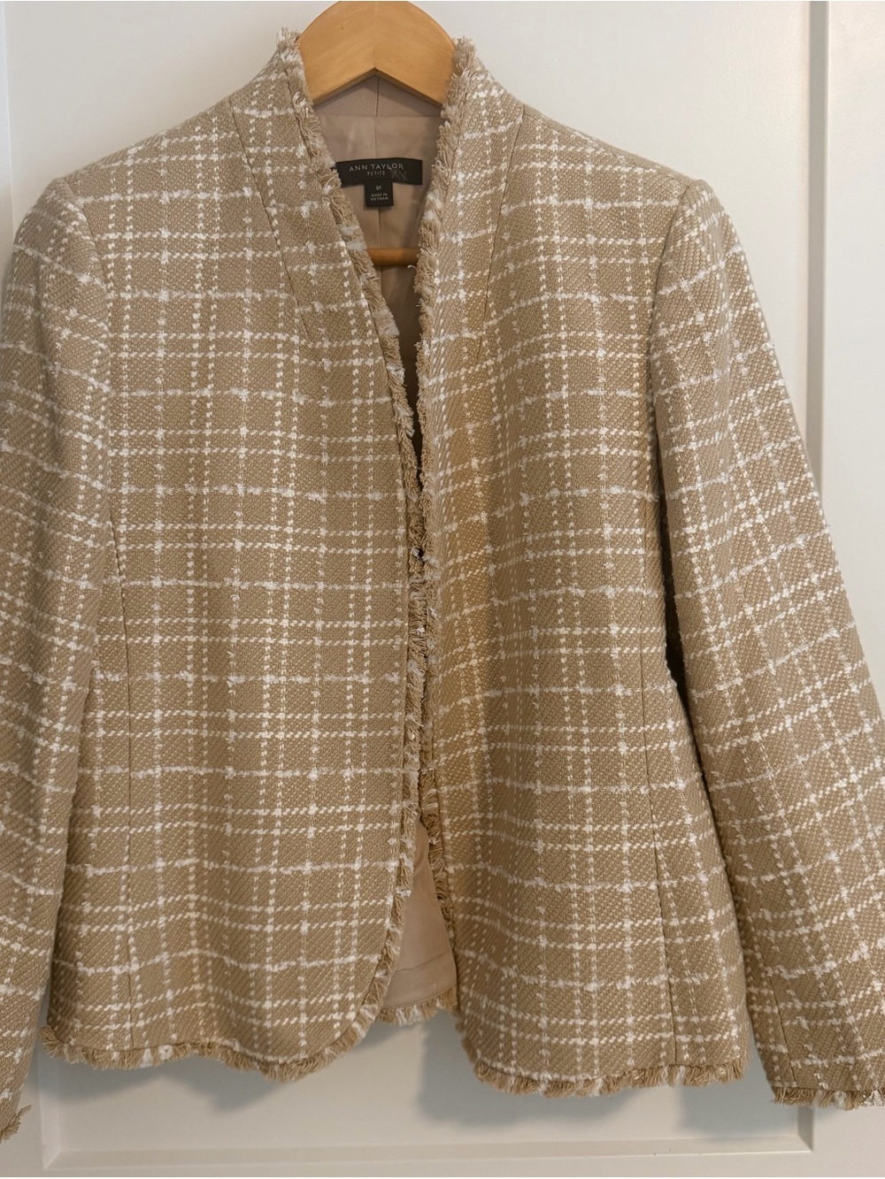 Ann Taylor Tan and White Plaid Tweed Collarless Jacket